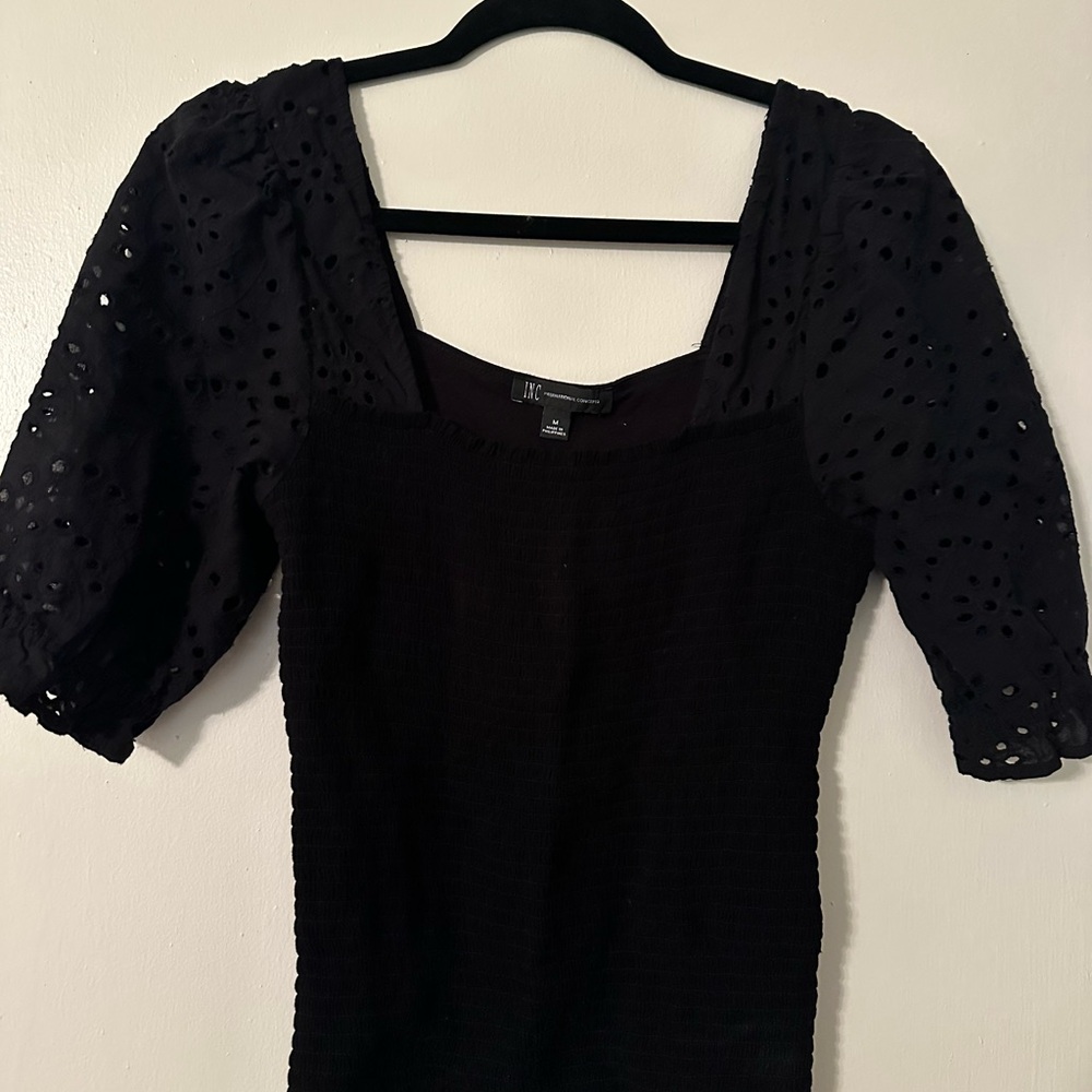 INC International Concepts Black Eyelet Sleeve Blouse